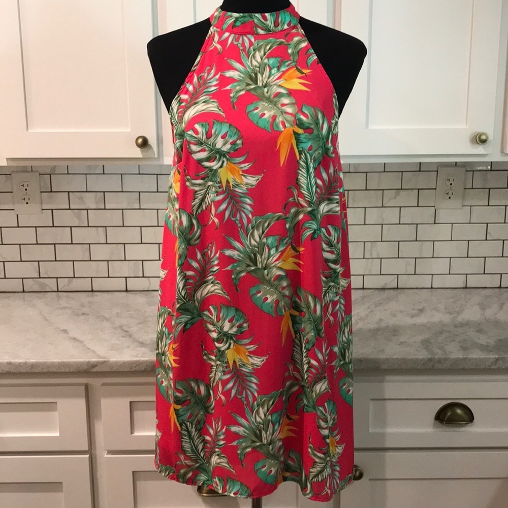 Aura Boho Tropical Dress Womens Size Small Pink Green Princess Neckline Lined